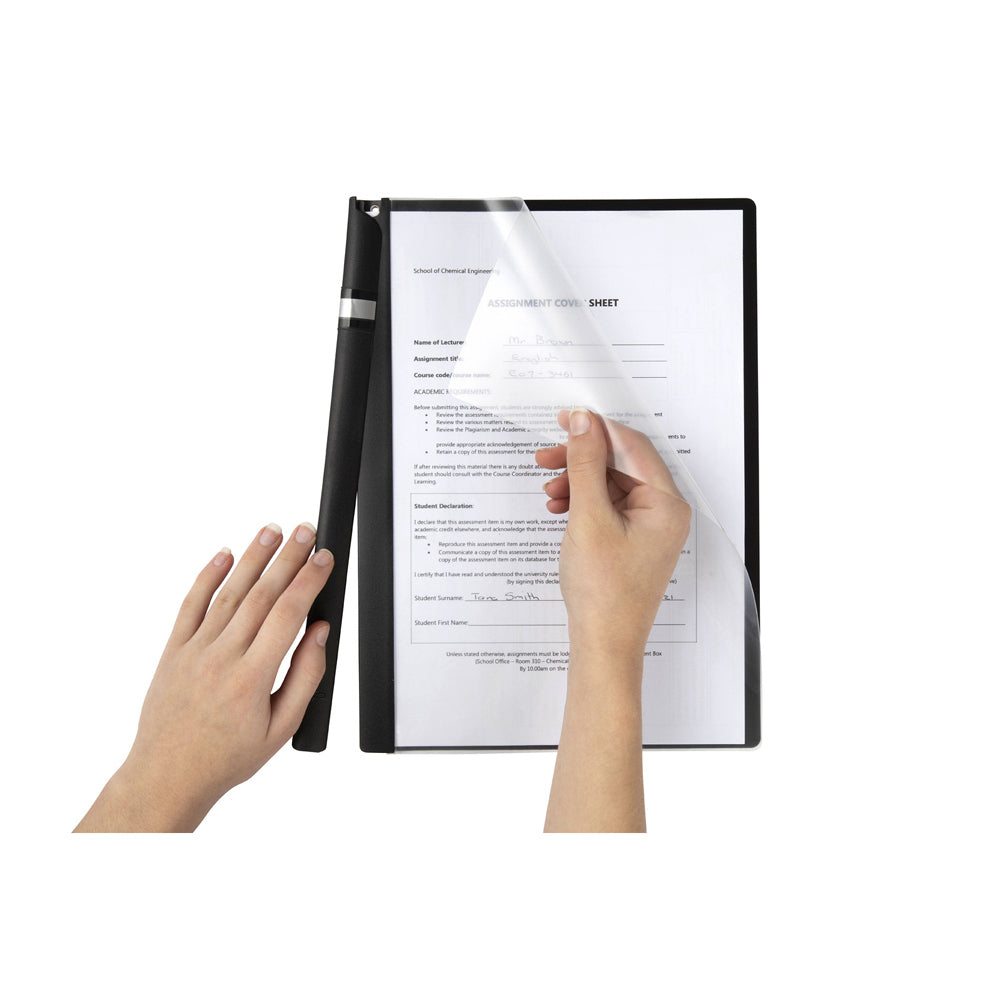 4PK Marbig Clear Front File Document A4 Spine Clamp - Black