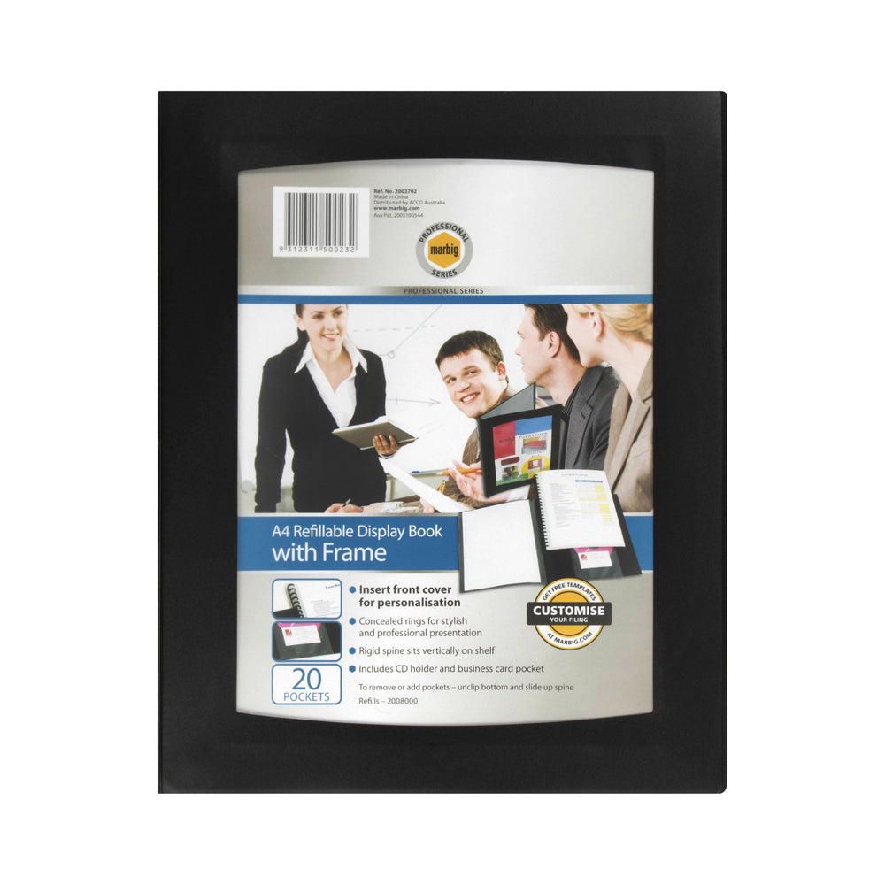3PK Marbig Pro 20-Pocket A4 Refillable Display Book w/ Frame - Black