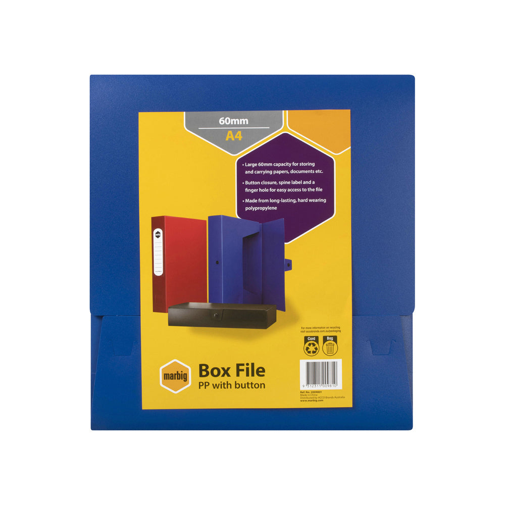 2PK Marbig PP A4 60mm Box File w/ Button Organiser Blue