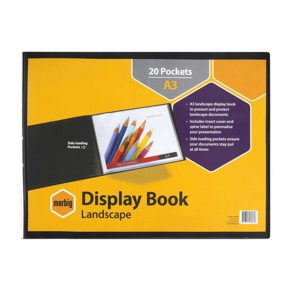 2PK Marbig Side-Loading 20-Pocket A3 Display Book Landscape - Black