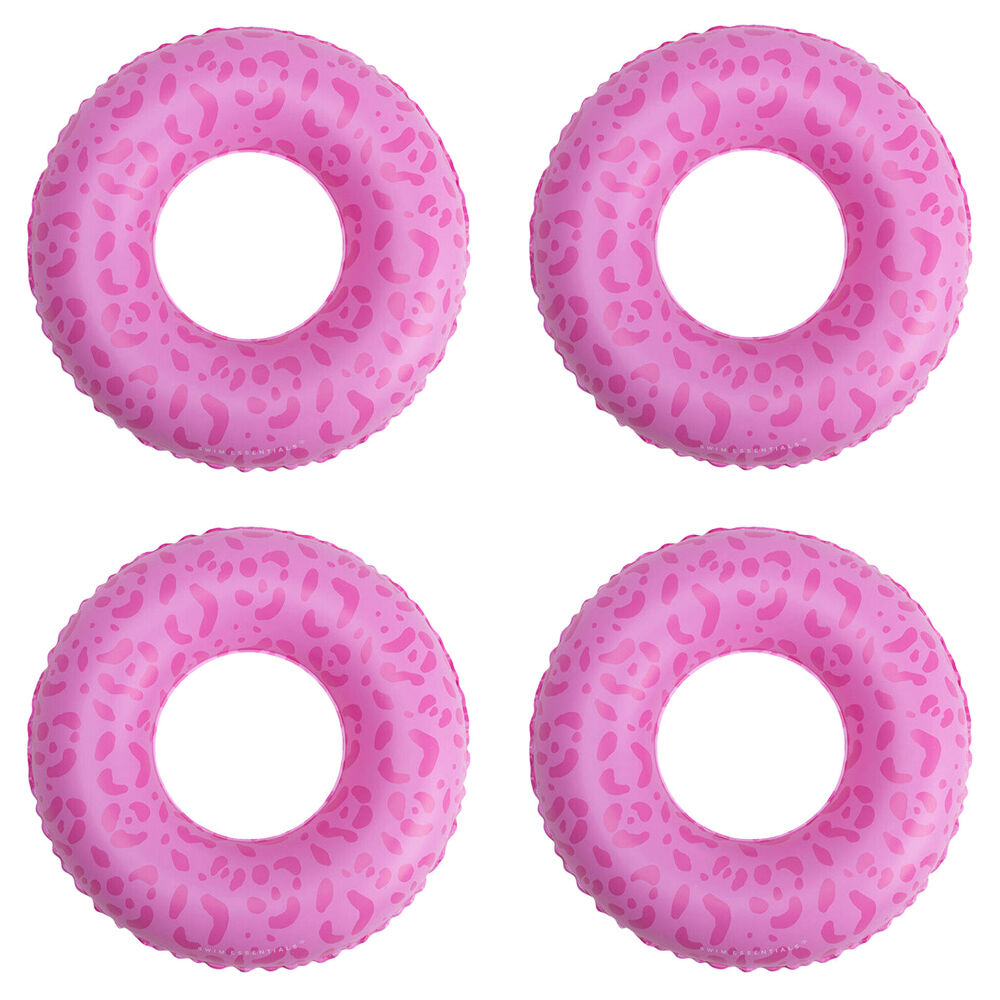 4PK Swim Essentials Kids Inflatable Swimming Ring Pool Floater 55cm Pink Leopard