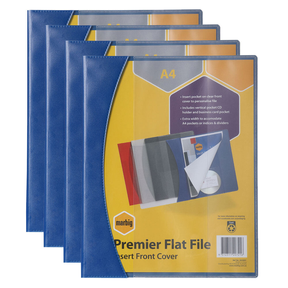 4PK Marbig Premier A4 Flat File Folder w/ Insert Cover - Blue