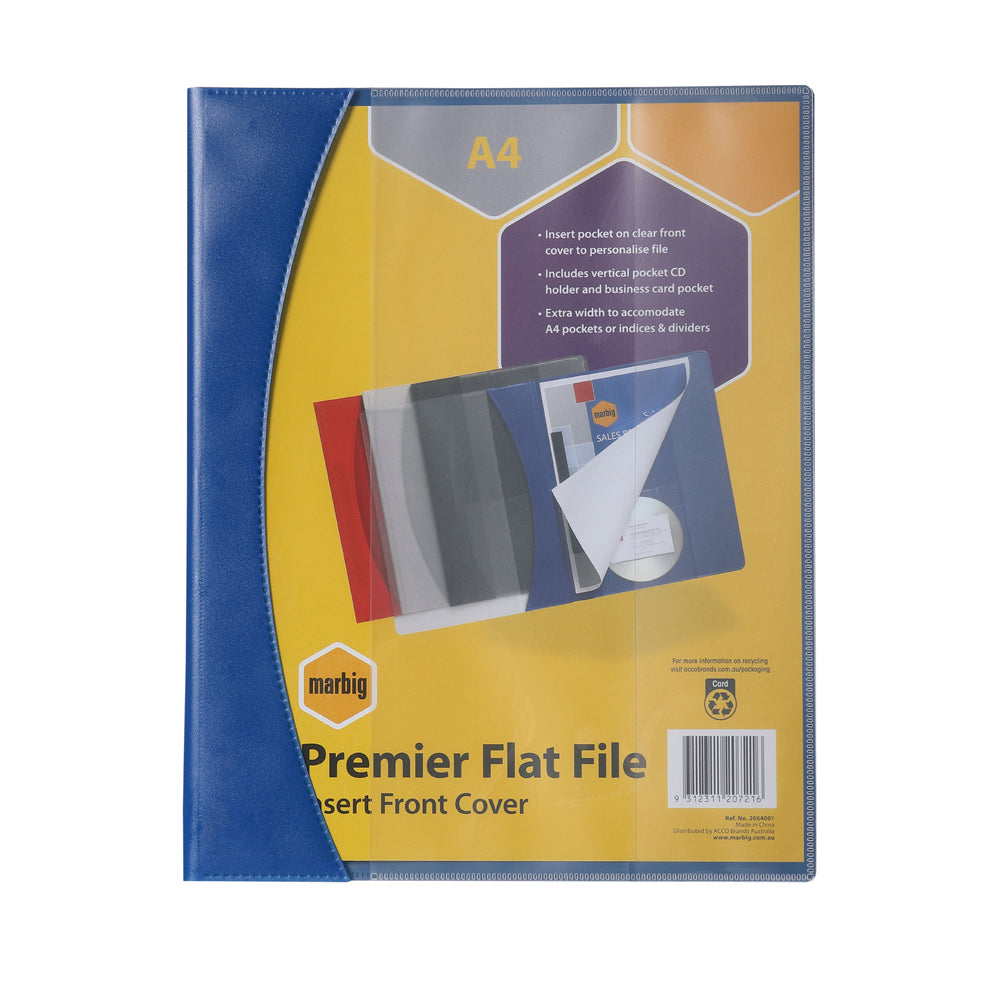 4PK Marbig Premier A4 Flat File Folder w/ Insert Cover - Blue