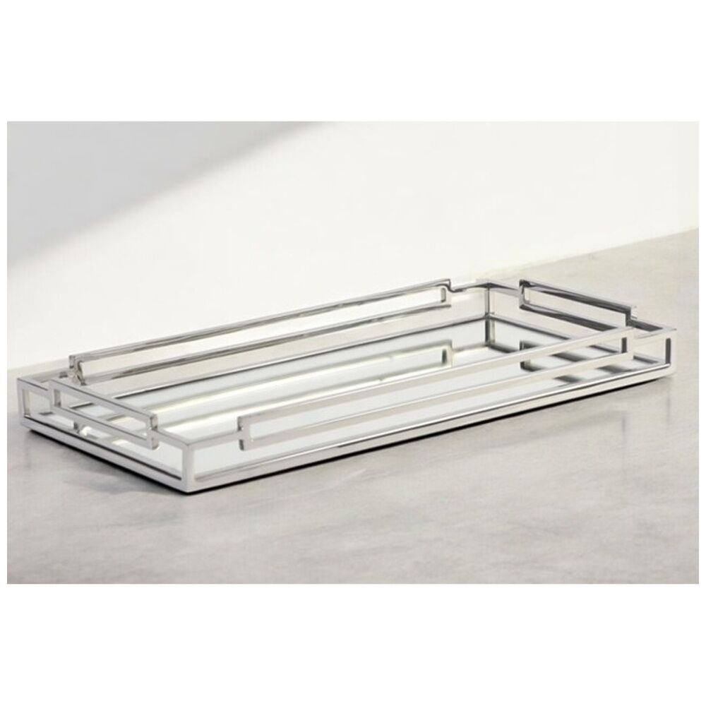 SS Collective Decorative Rectangle Mirror Tray With Cubism Handles 50x25cm