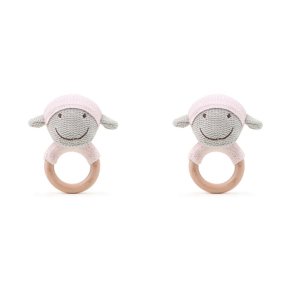 2PK The Peanutshell Lamb Wood Ring Teether 13x10cm Pink 0+
