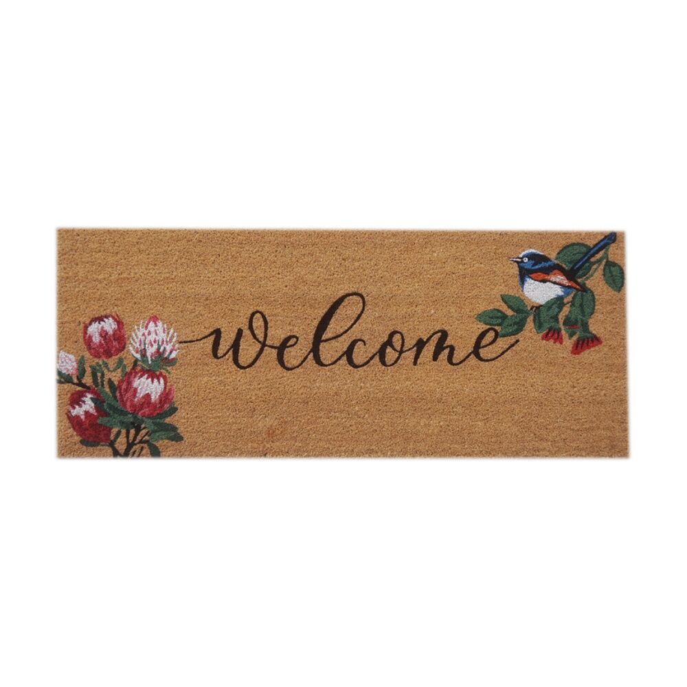 Solemate Coir Backed Welcome Floral Doormat With Blue Wren Flowers 45x110cm