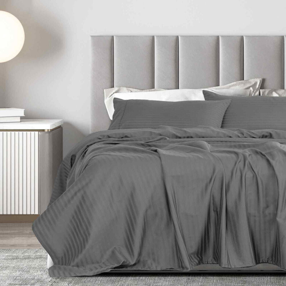 Royal Comfort Damask Sheet Set 1200TC Stripe Cotton Blend CHRCL Grey