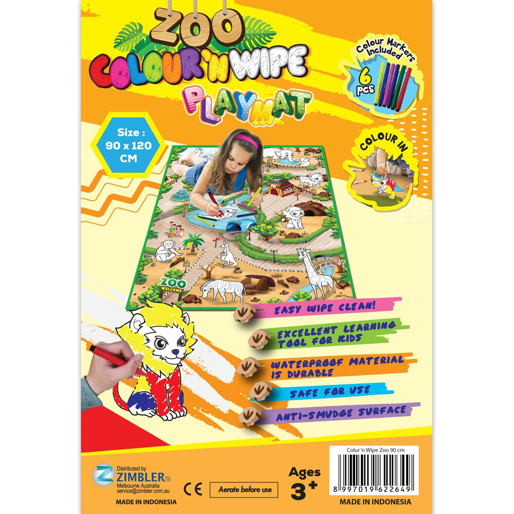 Rollmatz Colour & Wipe Playmat with 6 Marker Pens 90 x 120cm Kids Toy Assorted