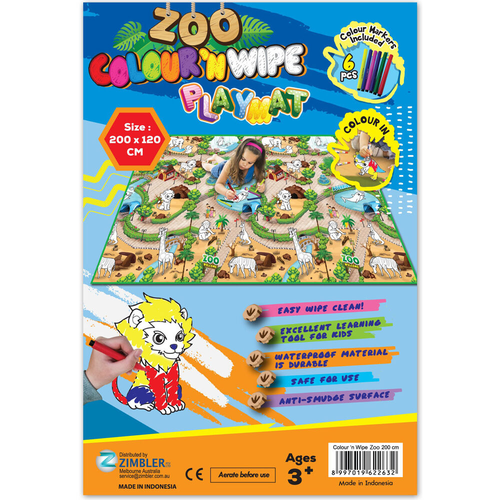 Rollmatz Colour & Wipe Playmat with 6 Marker Pens 200 x 120cm Kids Toy Assorted