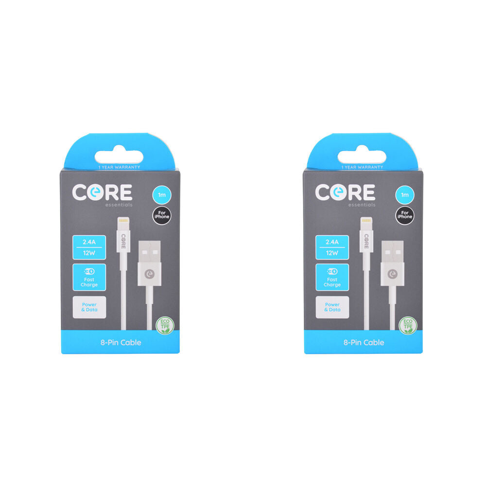 2PK Core 8-Pin to USB-A Cable Charging Cord 1m For Apple iPhone 14/13 - White