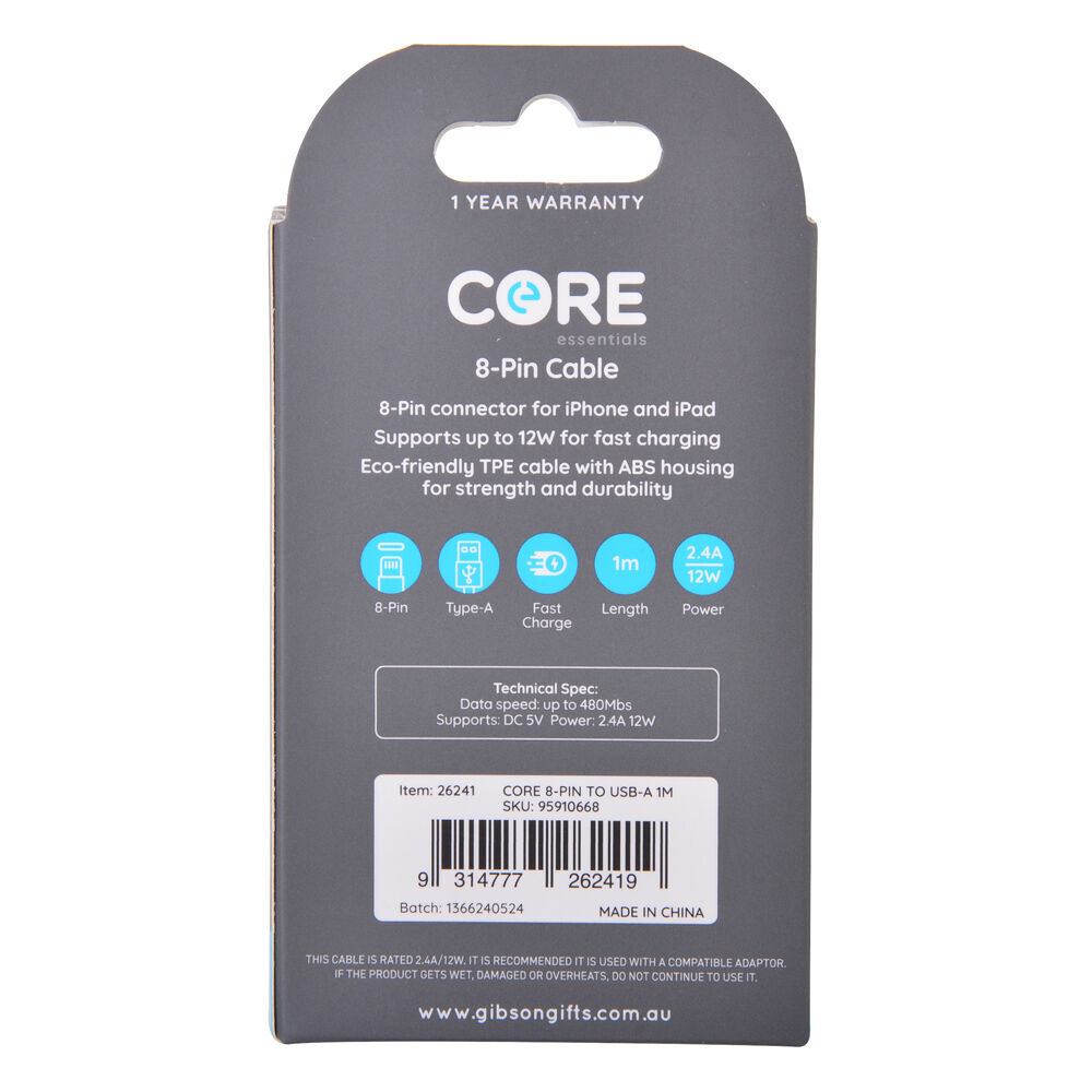 2PK Core 8-Pin to USB-A Cable Charging Cord 1m For Apple iPhone 14/13 - White