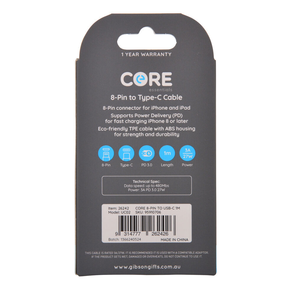 2PK Core 8-Pin to USB-C Cable Charging Cord 1m For Apple iPhone 14/13 - White