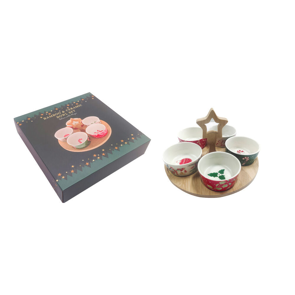 2PK Gibson Gifts Christmas Themed Serving Board w/ Ceramic 5 Round Bowl Set
