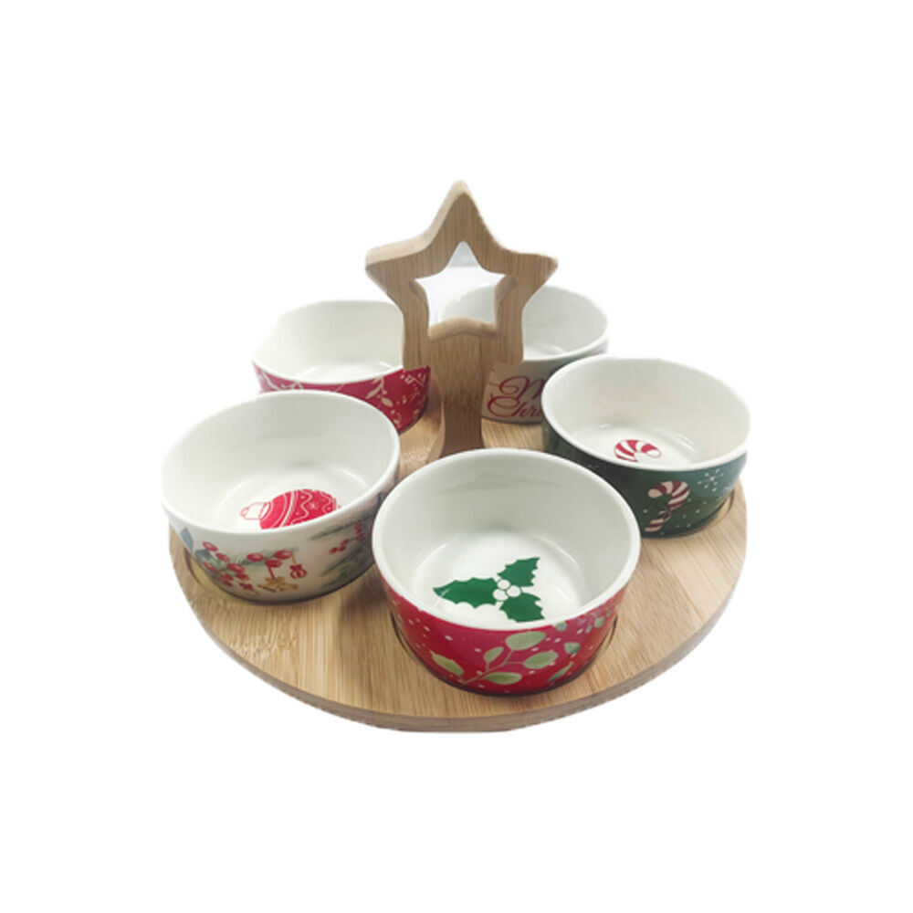 2PK Gibson Gifts Christmas Themed Serving Board w/ Ceramic 5 Round Bowl Set