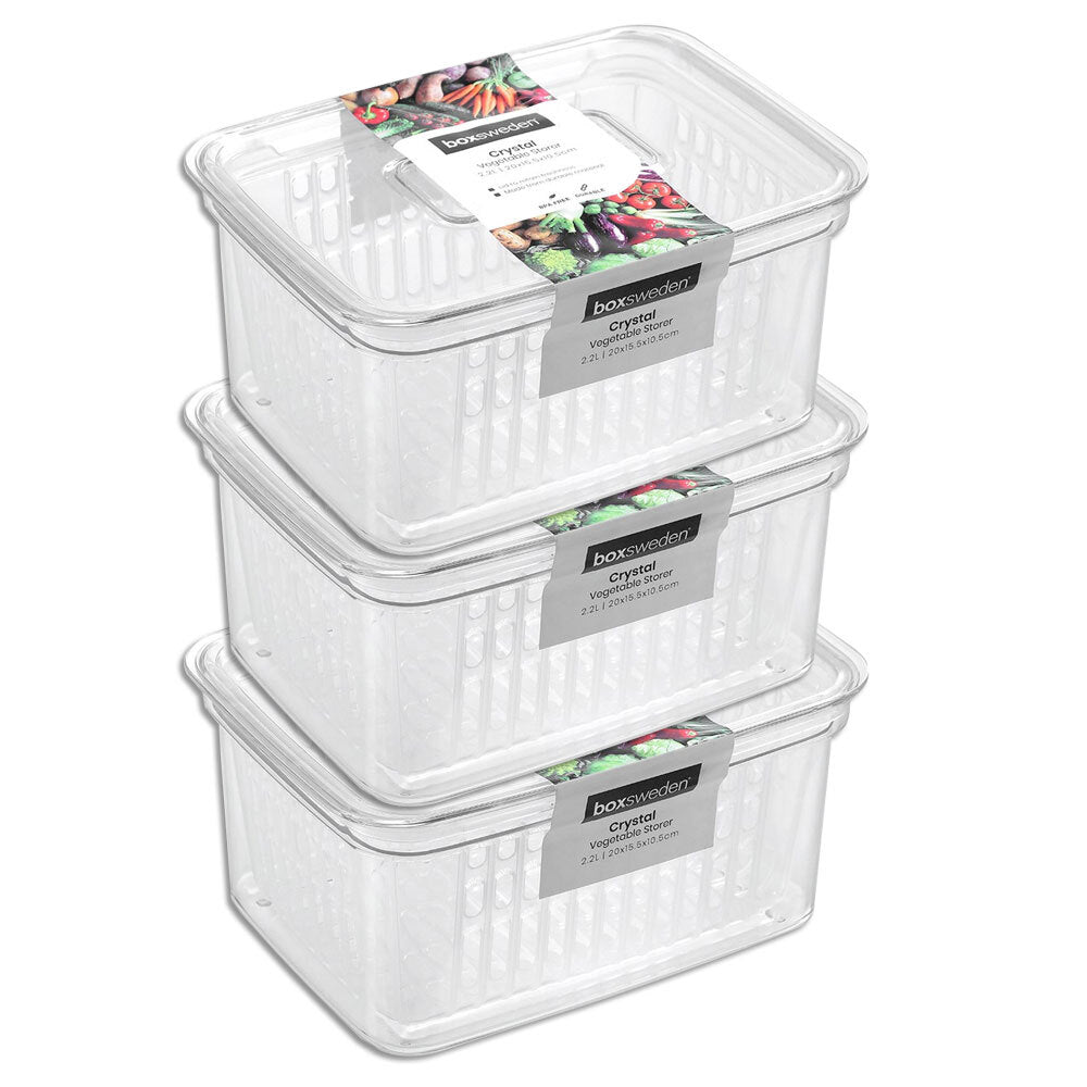 3x Boxsweden Crystal 2.2L Vegetable Storer Fridge Container - Clear