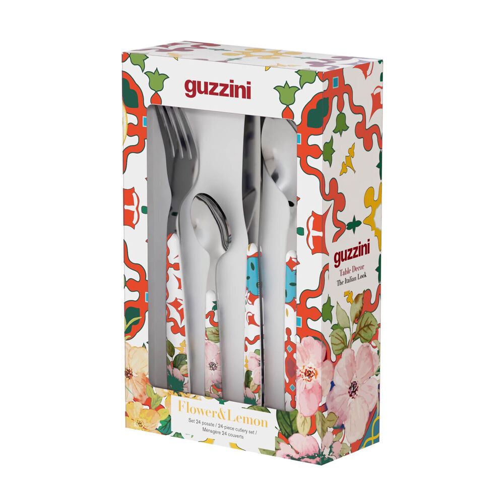 24pc Guzzini Stainless Steel Dinner Cutlery Set Clear Red Flower & Lemon