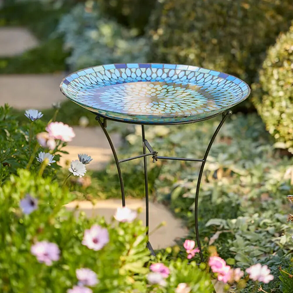 Glass Mosaic Outdoor Garden Bird Bath Bowl 47x7cm Blue