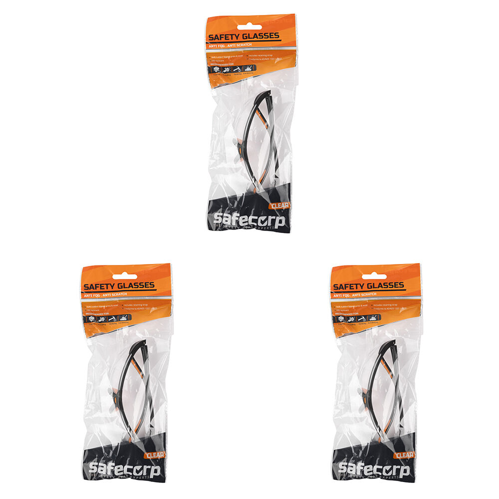 3PK Safecorp Clear PPE Safety Specs Glasses Anti Fog Anti Scratch Black/Orange
