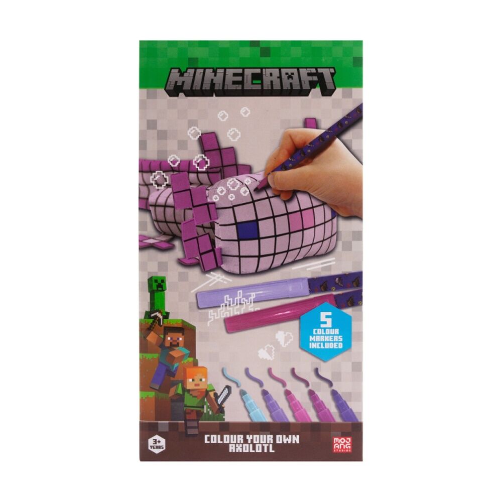 4PK Minecraft Colour Your Own Plush Axolotl w/5 Markers Kids Colouring Kit 3y+