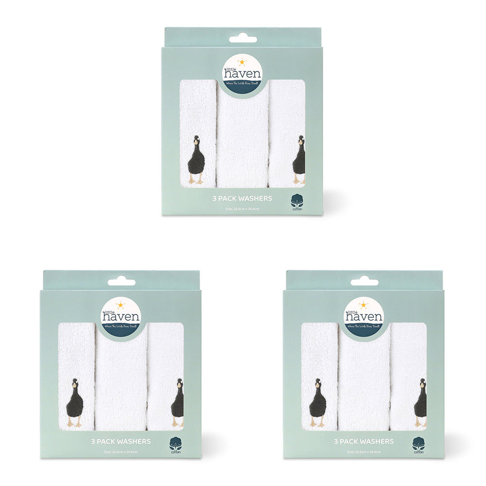 3x 3pc Little Haven Cotton Hooded Washers Goose 25.5cm