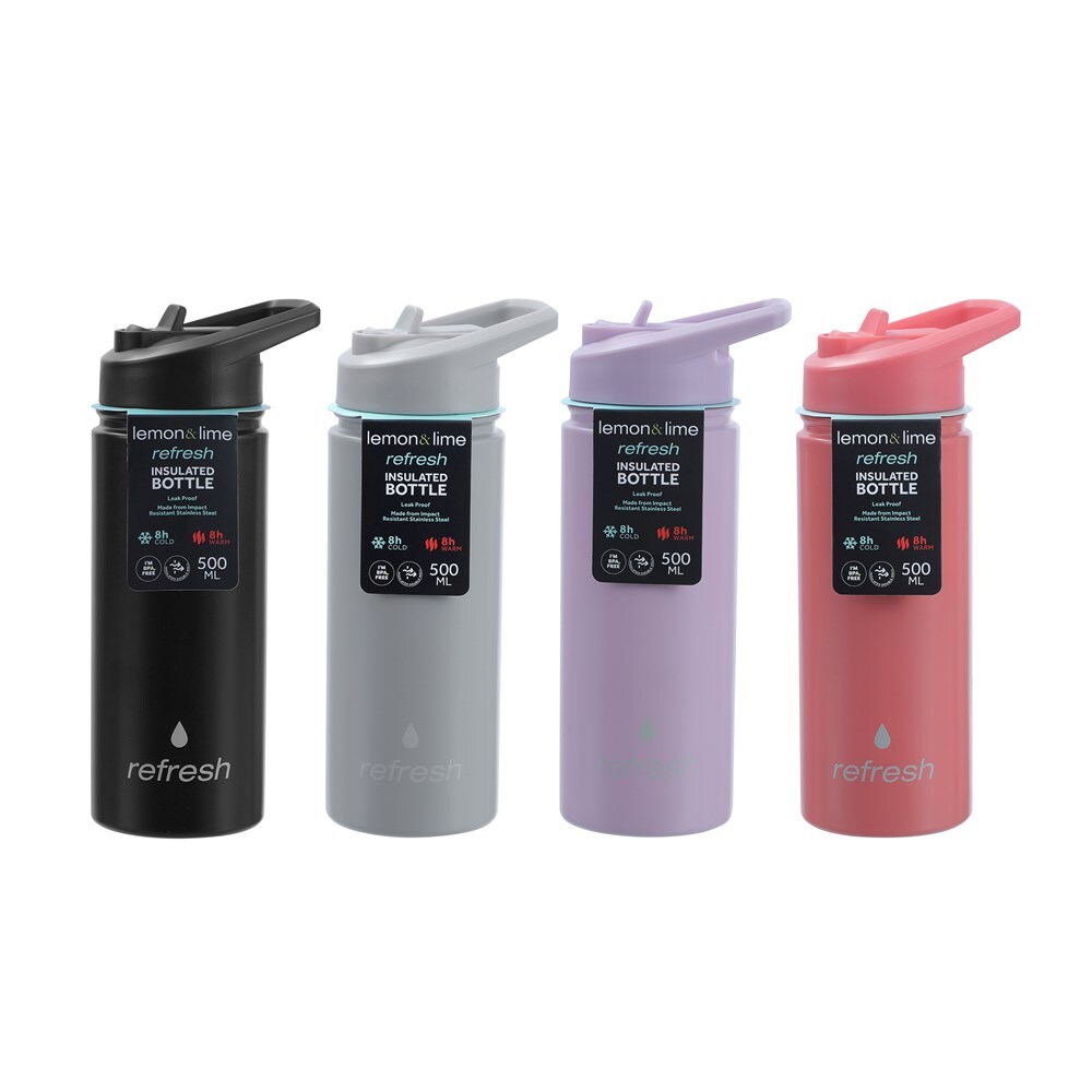 2x Lemon & Lime Refresh 500ml Insulated Bottle w/ Straw - Assorted