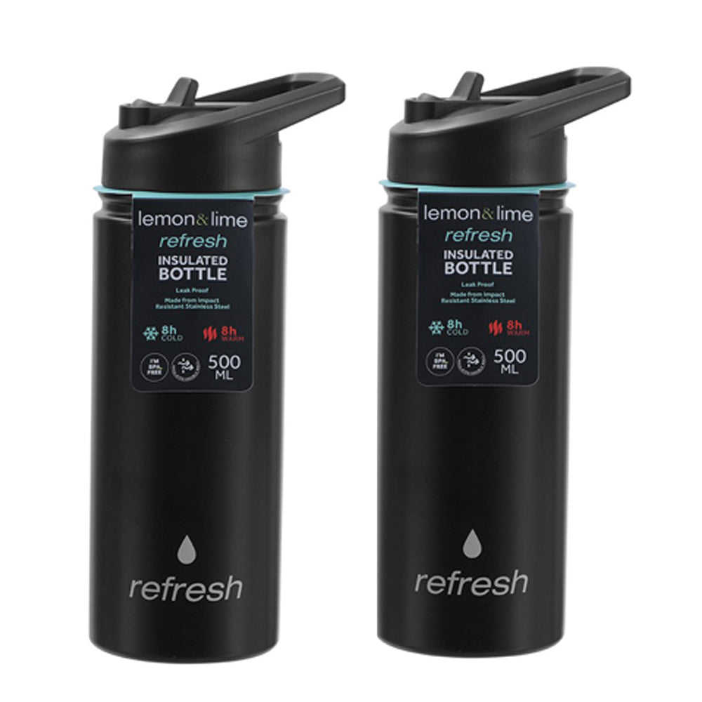 2x Lemon & Lime Refresh 500ml Insulated Bottle w/ Straw - Assorted