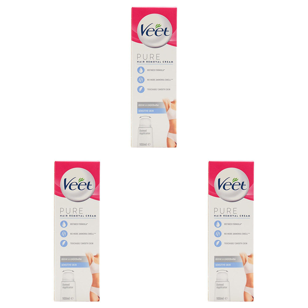3PK Veet 100ml Pure Hair Removal Cream Bikini & Underarm For Sensitive Skin