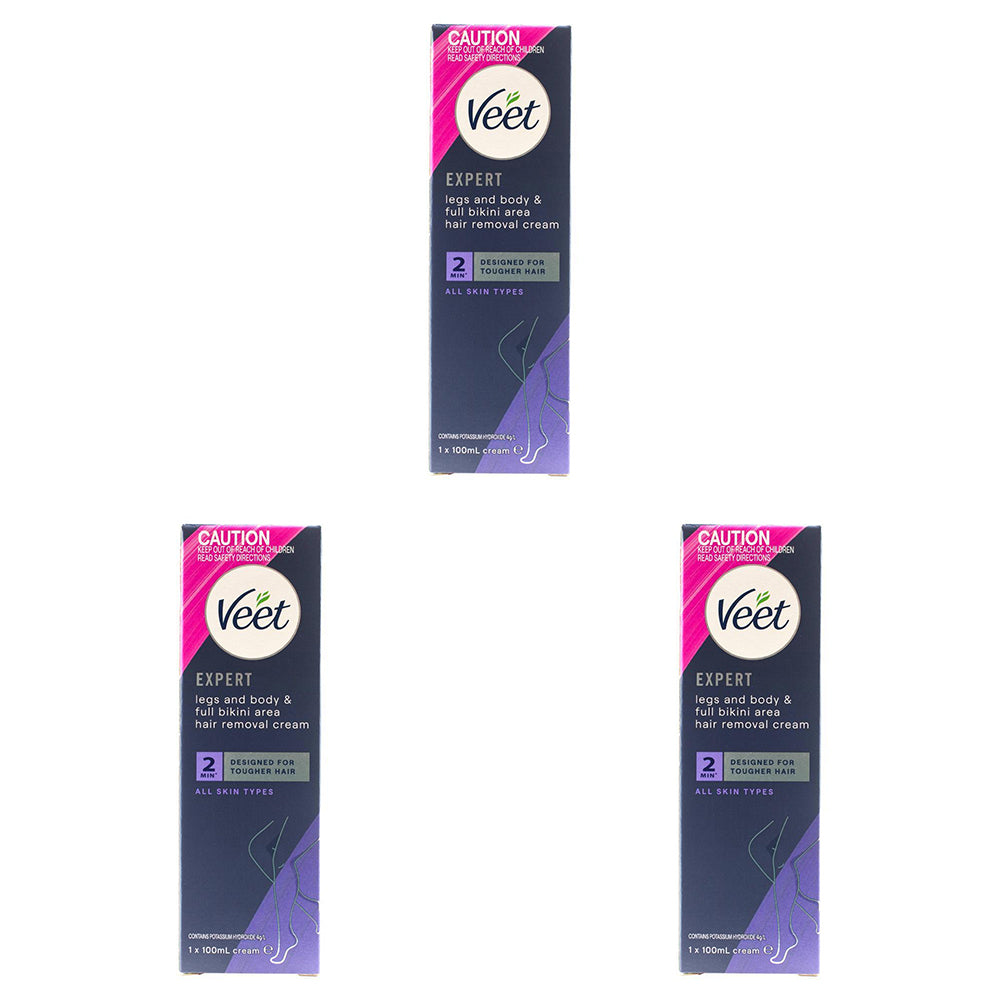 3PK Veet 100ml  Expert Legs Body And Full Bikini Area Hair Removal All Skin Types