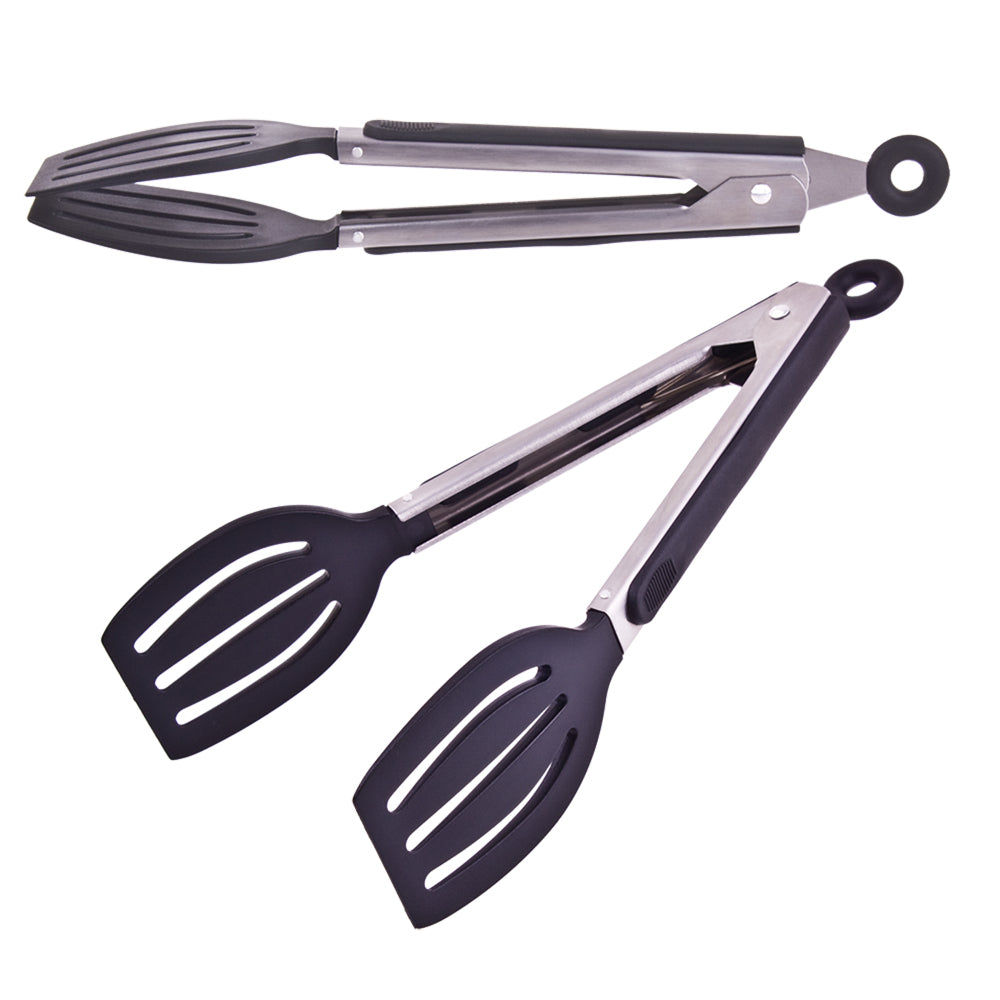 6PK Appetito Stainless Steel Spatula Tongs w/Lock & Rubber Grip 23cm Black