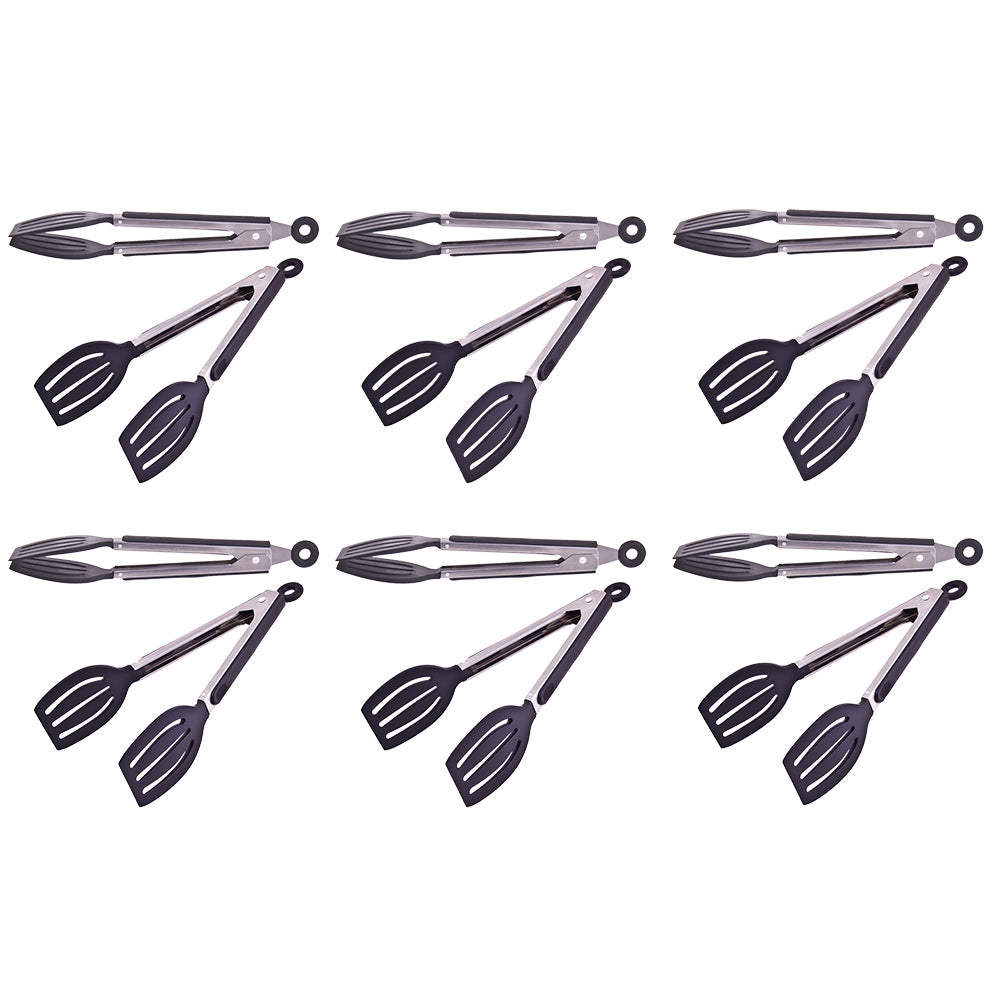 6PK Appetito Stainless Steel Spatula Tongs w/Lock & Rubber Grip 23cm Black