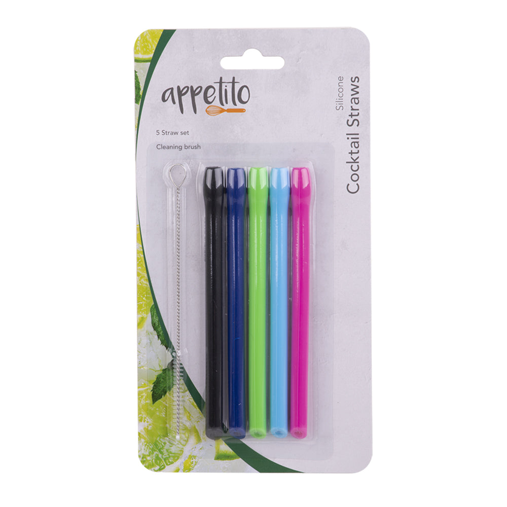 4x 5pc Appetito Silicone Cocktail Straws w/Brush 5 Asst. Colours