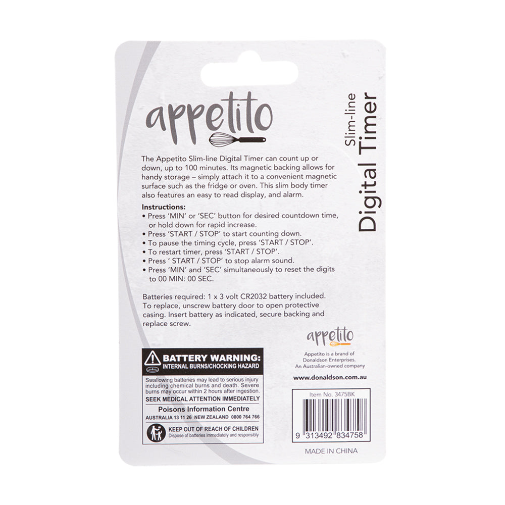 3PK Appetito Slim-Line Digital Timer 100 Minutes Black