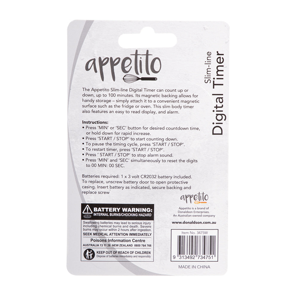 3PK Appetito Slim-Line Digital Timer 100 Minutes White