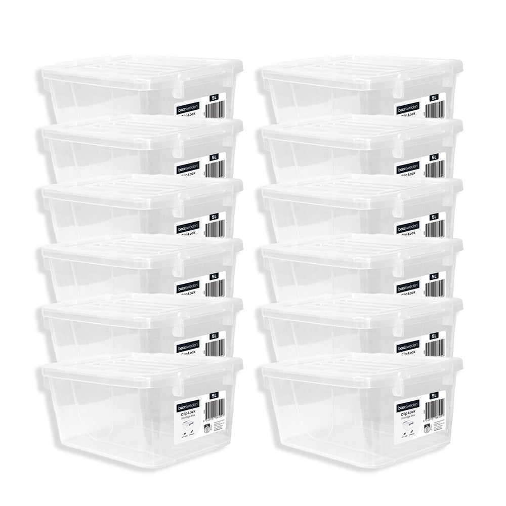 12PK Boxsweden 5L Storage Box w/ Clip Lock Lid Rectangle - Clear