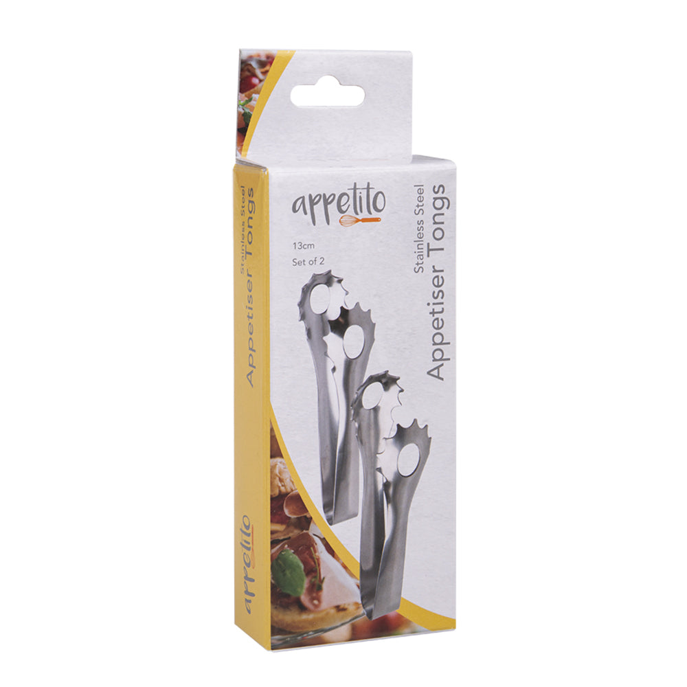 4x 2pc Appetito Stainless Steel Appetiser Tongs 13cm