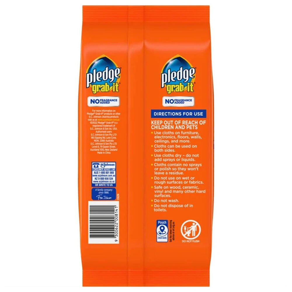 8x 20pc Pledge Grab It Electrostatic Dusting Cloths w/ No Fragrance Added 29.5cm