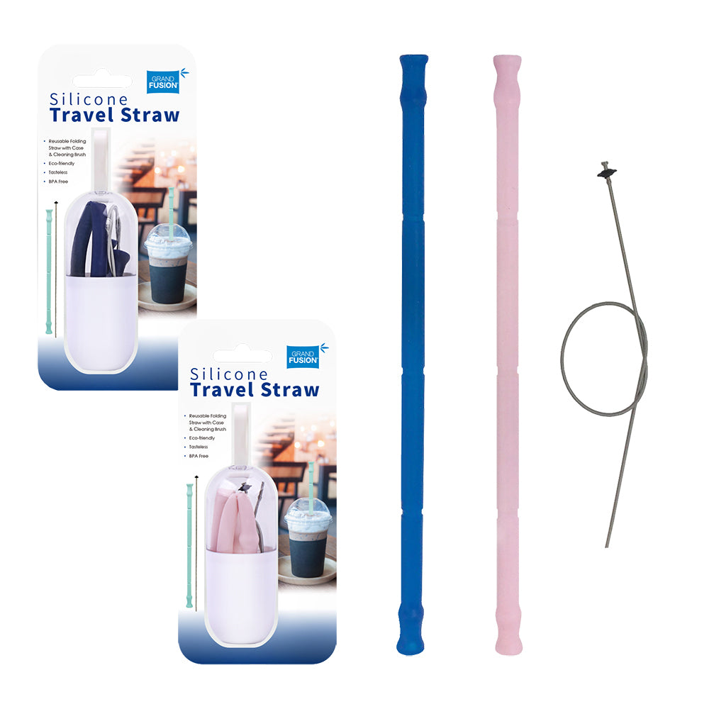 3PK Grand Fusion Silicone Travel Reusable Drinking Straw w/ Cleaner