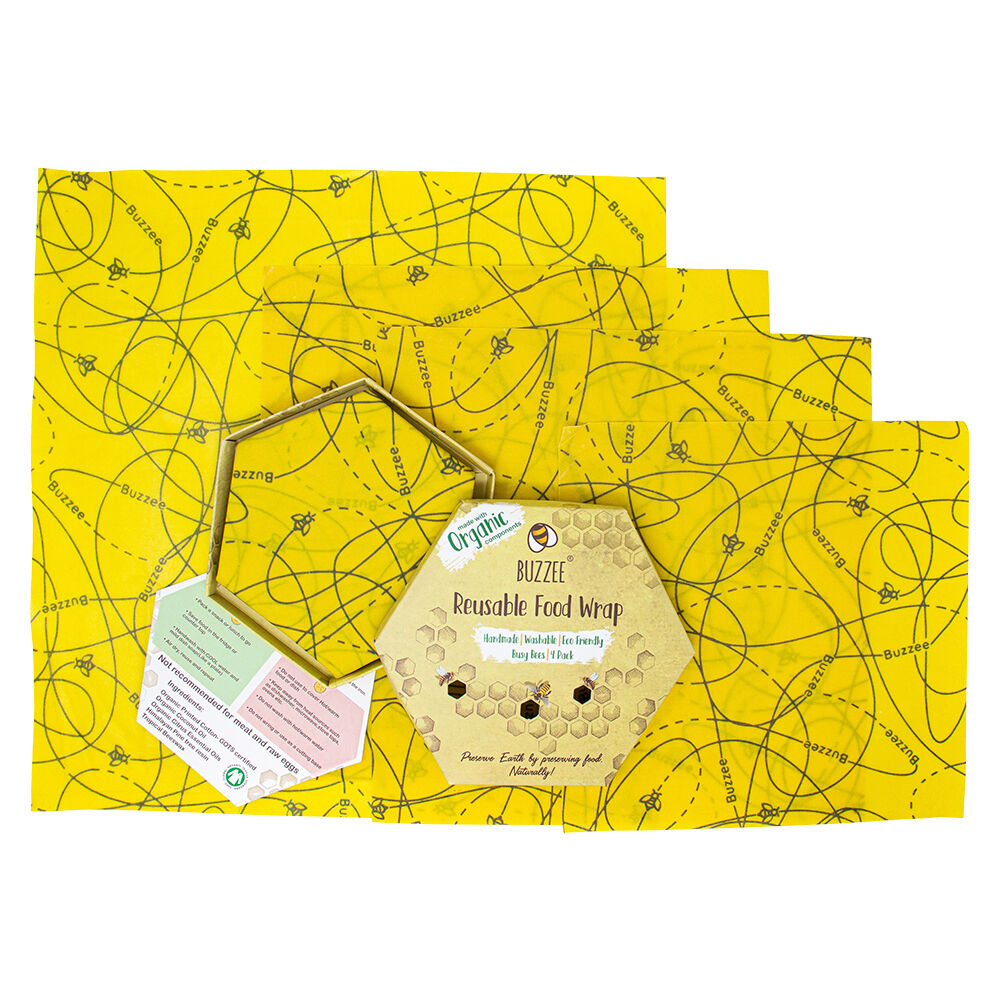 4pc Buzzee Organic Reusable Beeswax Wraps Washable Food Covers Busy Bees