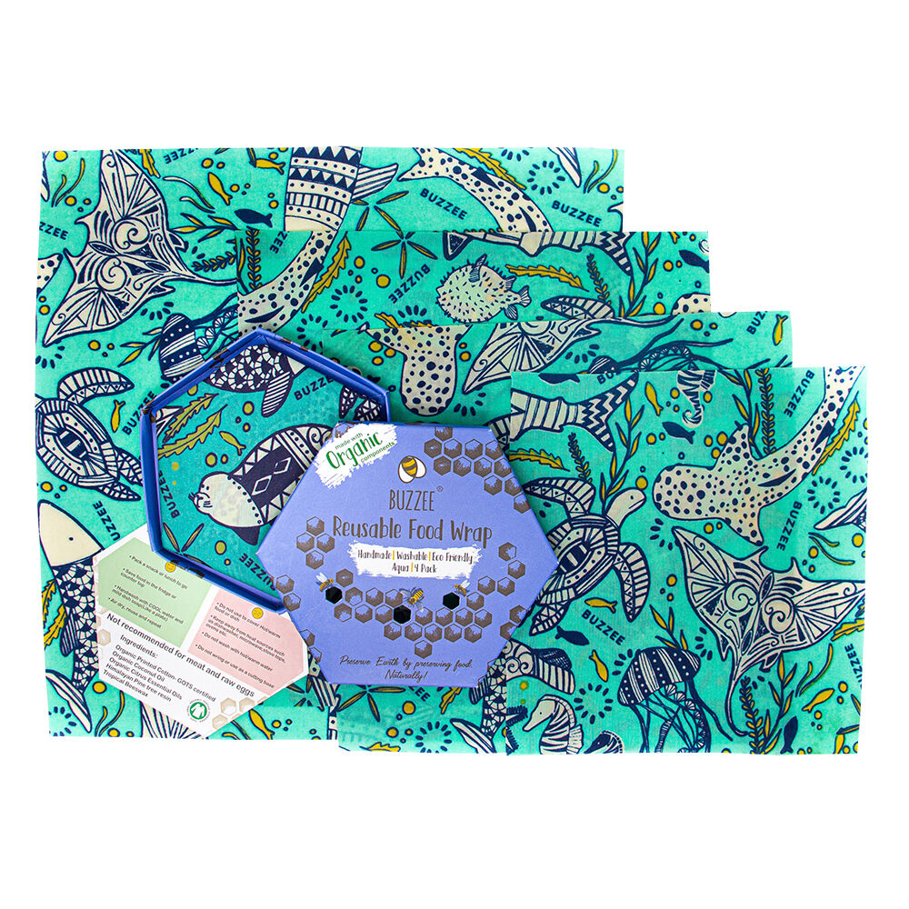 4pc Buzzee Organic Reusable Beeswax Wraps Washable Food Covers Aqua Blue