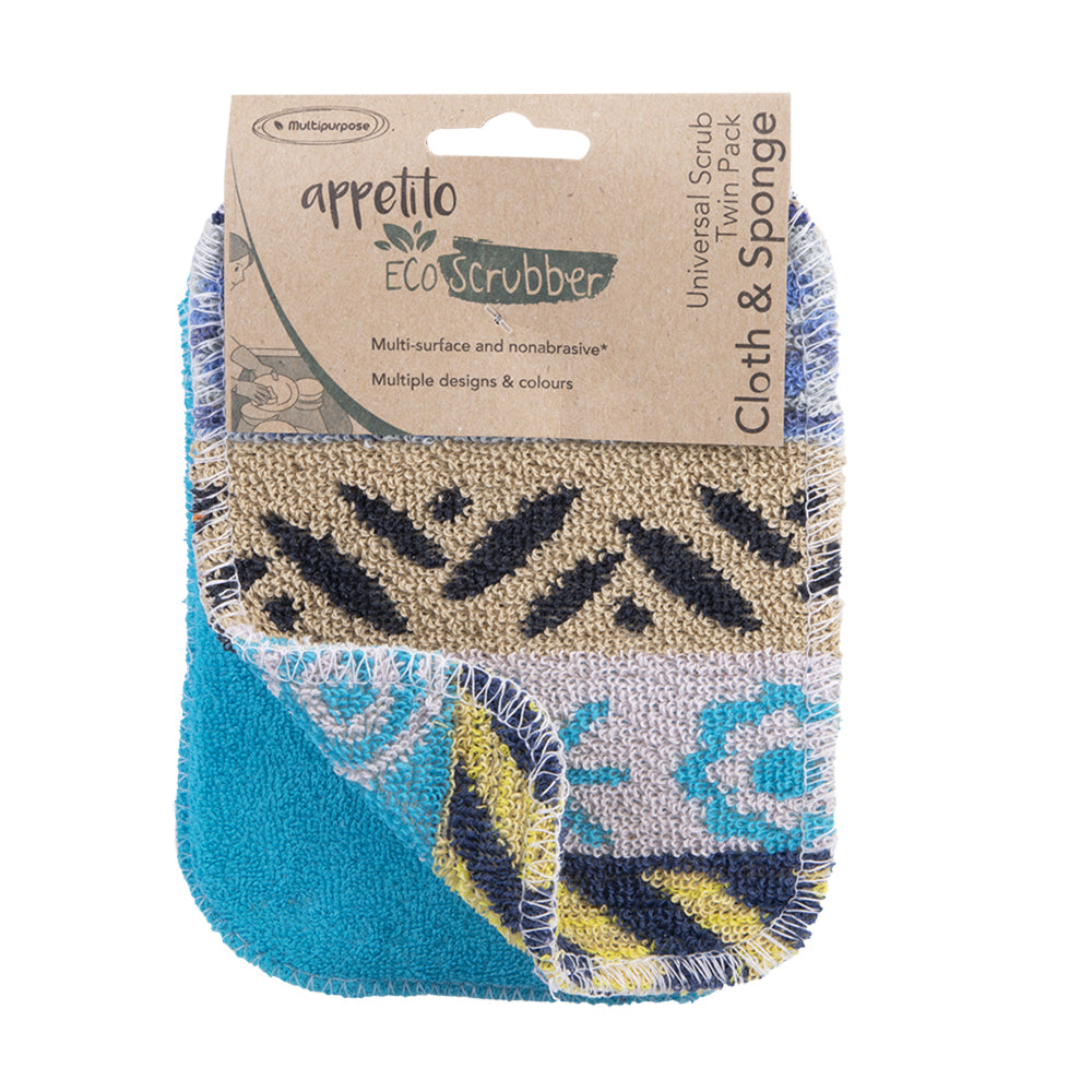 4PK 2pc Appetito Eco Scrubber Cloth & Sponge Universal Scrub 12x16.5cm Assorted