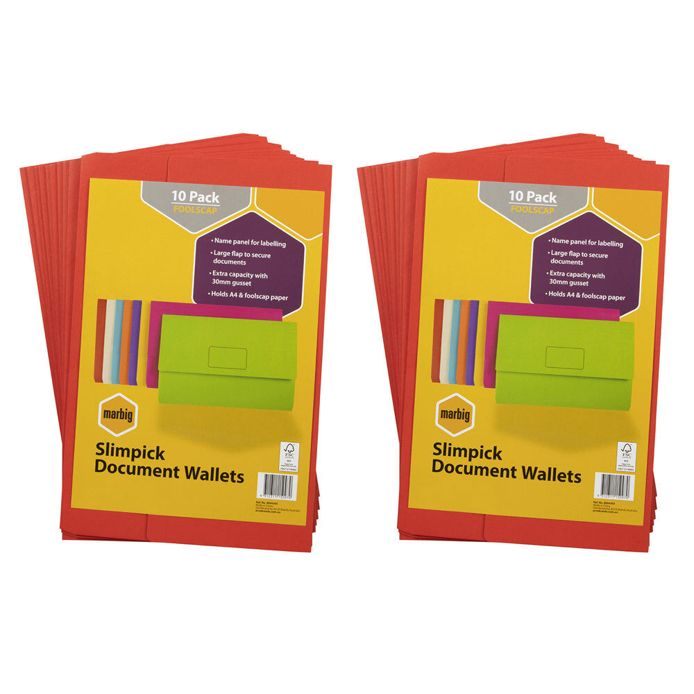 20pc Marbig Brights Slimpick Foolscap Document Wallet - Red