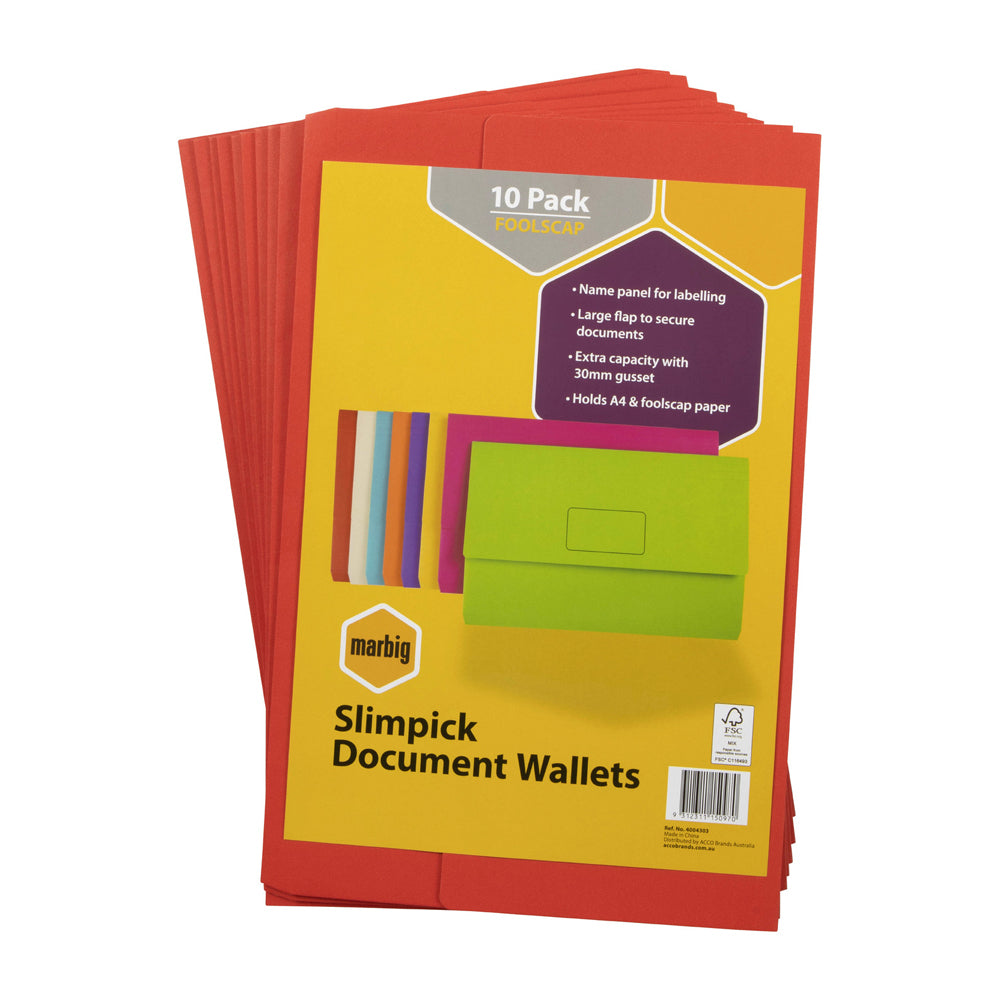 20pc Marbig Brights Slimpick Foolscap Document Wallet - Red