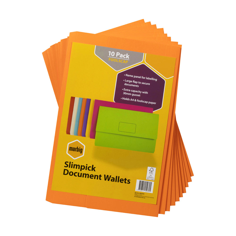 20pc Marbig Brights Slimpick Foolscap Document Wallet - Orange