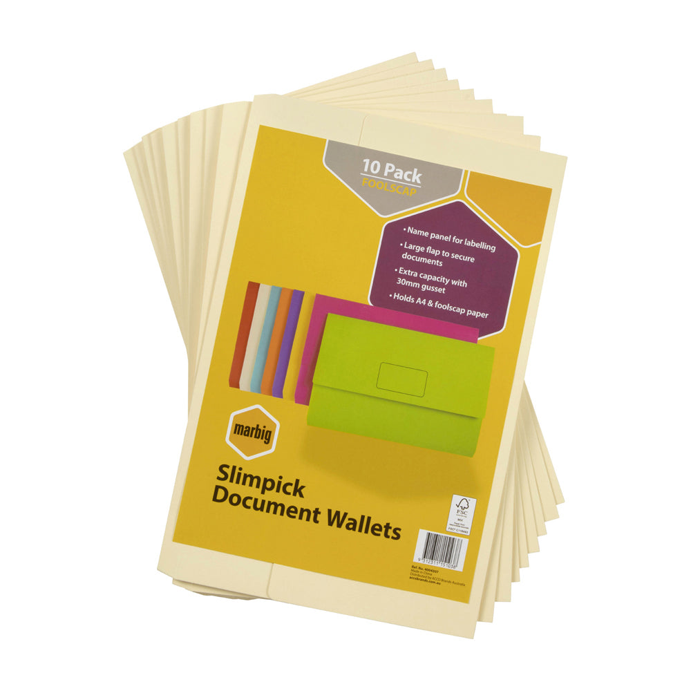 20pc Marbig Brights Slimpick Foolscap Document Wallet - Buff