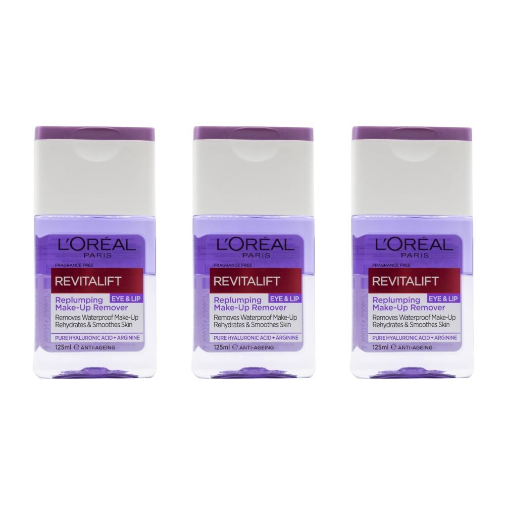 3PK Loreal 125ml Makeup Remover Replumping Eye & Lip Revitalift