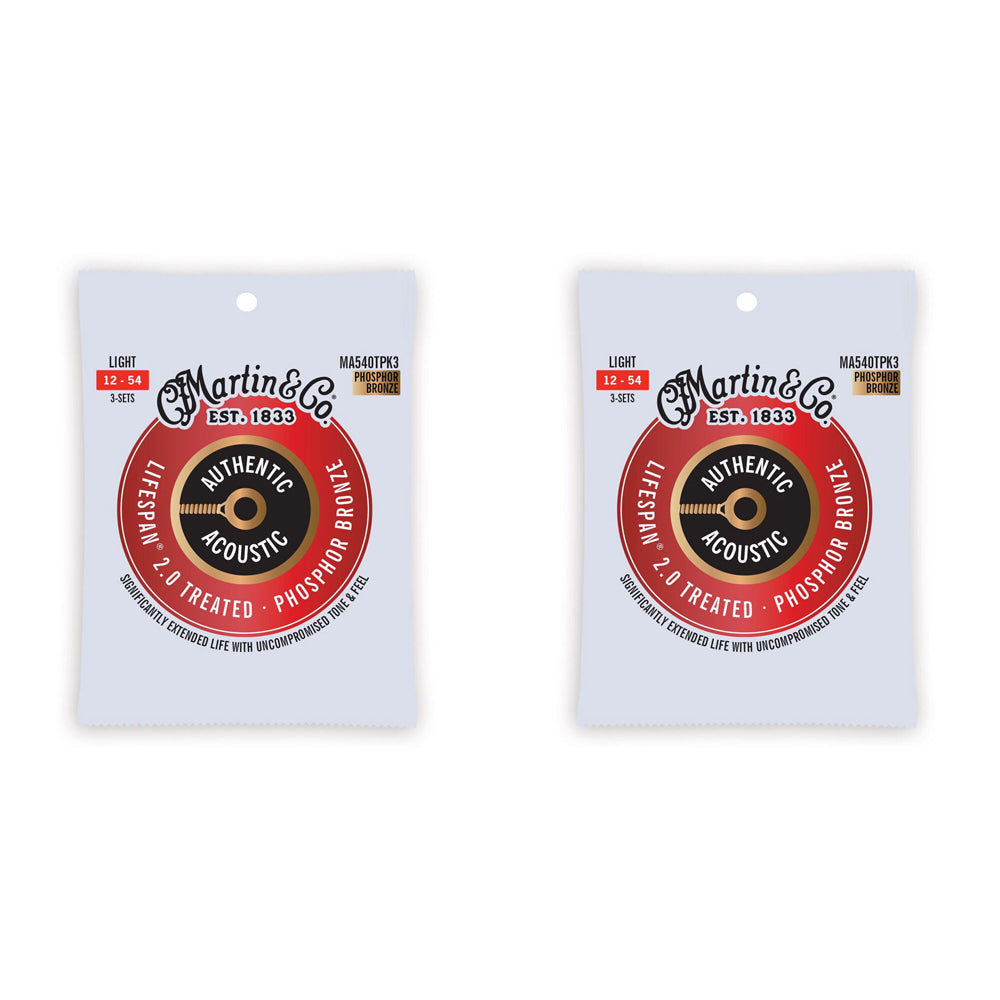 2x 3PK Martin Guitar MA540TPK3 Authentic Treated Strings 92/8 Phosphor Light