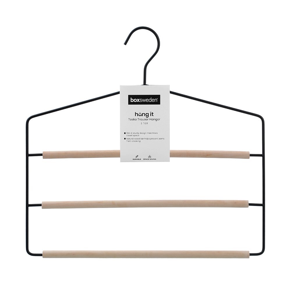 16PK Boxsweden Hangit Toska 3-Tier Metal/Wood Trouser Hanger 36x35cm - Black