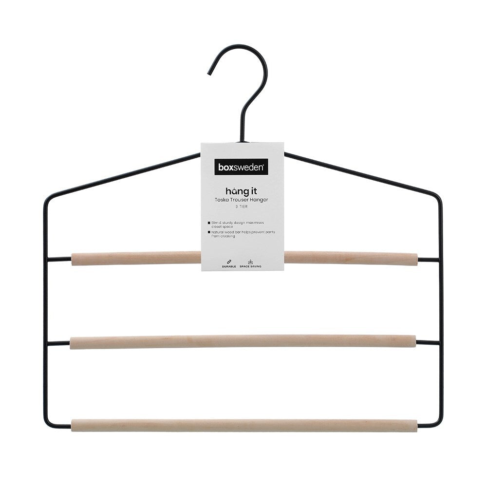 8PK Boxsweden Hangit Toska 3-Tier Metal/Wood Trouser Hanger 36x35cm - Black