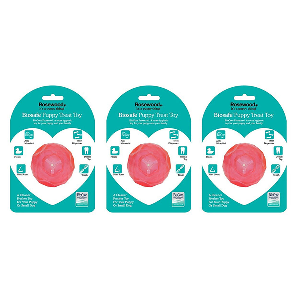 3PK Rosewood Biosafe Puppy Treat Ball Pet Dog Chew Dental Interactive Fun Toy Pink
