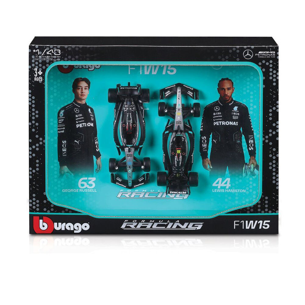 2pc Bburago 2024 Mercedes AMG W15 Gift Pack Formula 1 Car Toy 1:43